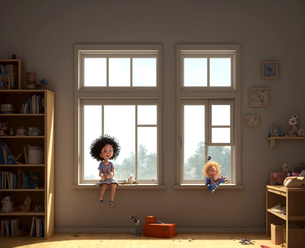 Cartoon of a sad girl with curly hair crying at the window, 3D animation film, animated film, pixar 3d animation style, pixar renderman rendering, maia 8 mil, animated film, Disney Pixar 3D Style, she is in the room alone in a room messy looking out the window, Disney Pixar animation