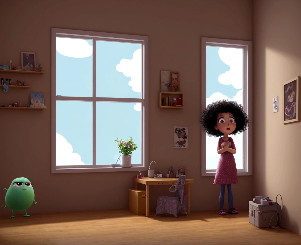 Cartoon of a sad girl with curly hair crying at the window, 3D animation film, animated film, pixar 3d animation style, pixar renderman rendering, maia 8 mil, animated film, Disney Pixar 3D Style, she is in the room alone in a room messy looking out the window, Disney Pixar animation