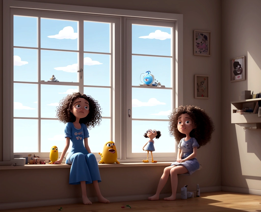 Cartoon of a sad girl with curly hair crying at the window, 3D animation film, animated film, pixar 3d animation style, pixar renderman rendering, maia 8 mil, animated film, Disney Pixar 3D Style, she is in the room alone in a room messy looking out the window, Disney Pixar animation