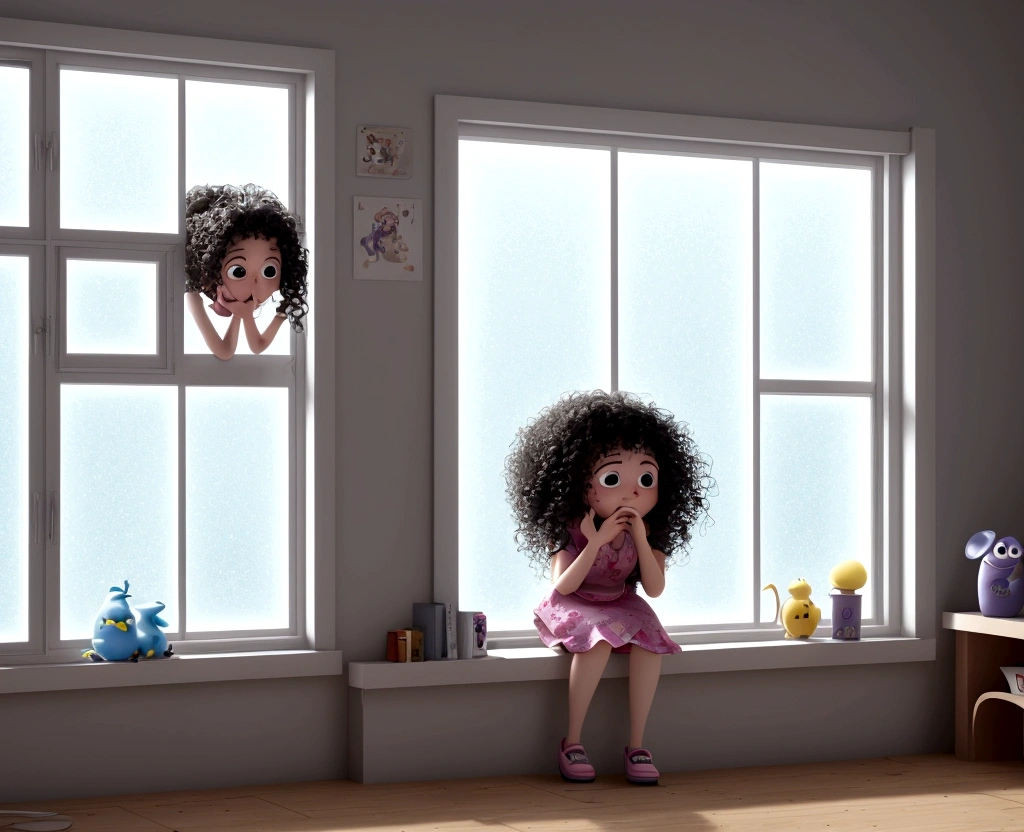 Cartoon of a sad girl with curly hair crying at the window, 3D animation film, animated film, pixar 3d animation style, pixar renderman rendering, maia 8 mil, animated film, Disney Pixar 3D Style, she is in the room alone in a room messy looking out the window, Disney Pixar animation