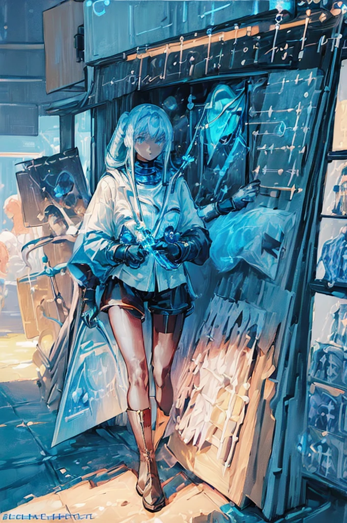 (((((((science fiction space fantasy)))))))A woman, an adult, (A female commander), ((a leader of a fleet of intergalactic armies)), White high ponytail with a glowing light blue highlights at the ends, Wielding a sword with deep blue aura, the mystical blade in her hand emitting a bright contrast blue light with a ray of energy, a futuristic intergalactic military uniform, Wearing Black shorts exposing the thighs, with a captain hat hat, a long simple dark boots. A masterpiece illustration, a light novel cover, best quality, best detail(Light novel illustrations), Arknights style, masterpiece, high quality, detailed.