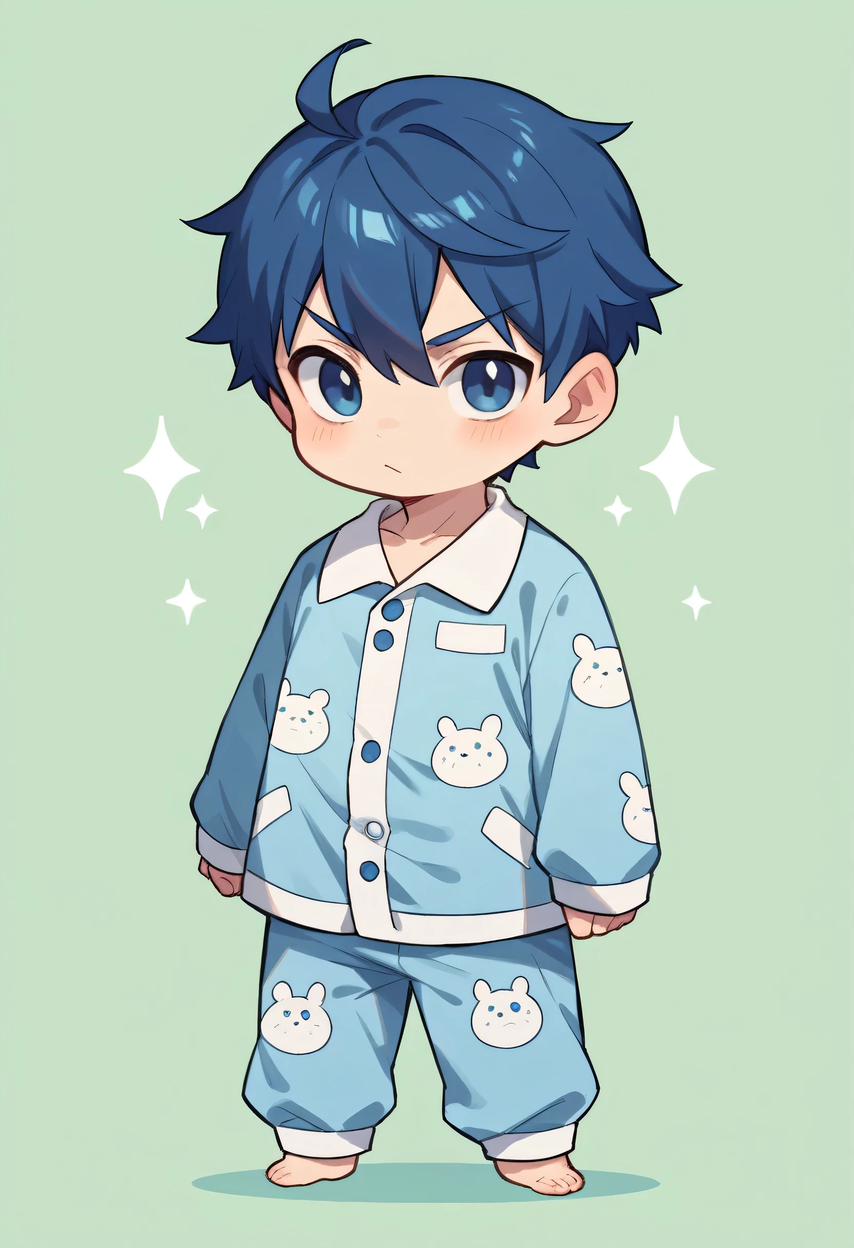 boy, 18 years, dark blue hair,dark blue eyes,light blue T-rex onesie pajamas, chibi, full body, green background only, Without background, Simple background,shoot from front, looking at viewer