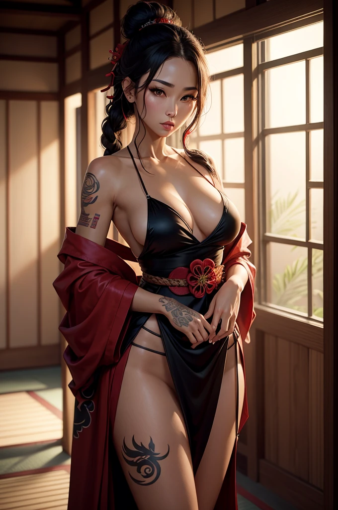 a hot sexy seductive female yakuza boss, ancient times, in acnient yakuza dress and yakuza tattoos slowly seductivly undressing her yakuza dress revealing yakuza tattooss in a ancient japanese room, lush hair in bun hold up by a stick, (anime art style.)