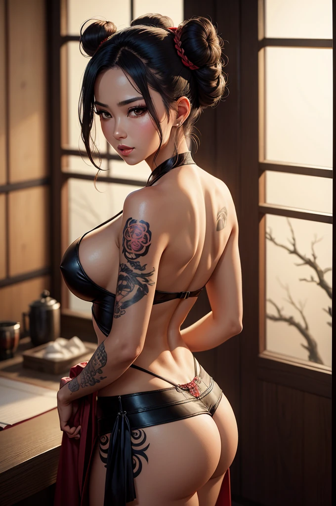 a hot sexy seductive female yakuza boss, ancient times, in acnient yakuza dress and yakuza tattoos slowly seductivly undressing her yakuza dress revealing yakuza tattooss in a ancient japanese room, lush hair in bun hold up by a stick, (anime art style.)