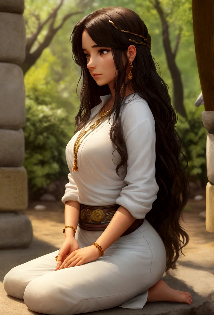 a young psychology student, de 1,63cm tall, with a more mature face of a 30 year old woman, medium body brunette with long dark brown hair, with dark brown eyes and an appearance that resembles a gypsy. She has a natural sensitivity and keen intuition, characteristics that help her deeply understand the emotions of those around her. Isabela is lively and dreamy, believing in the power of positivity and the transformative potential of psychology to promote personal growth and emotional healing. Your special connection with nature is evident in your daily routine, where he spends time meditating outdoors and practicing spiritual rituals. Determined to unite her interests in the human mind and the spiritual world, Isabela seeks to become a psychologist who doesn't just listen, but also guides his patients on journeys of self-discovery and emotional well-being. She loves studying and is modest