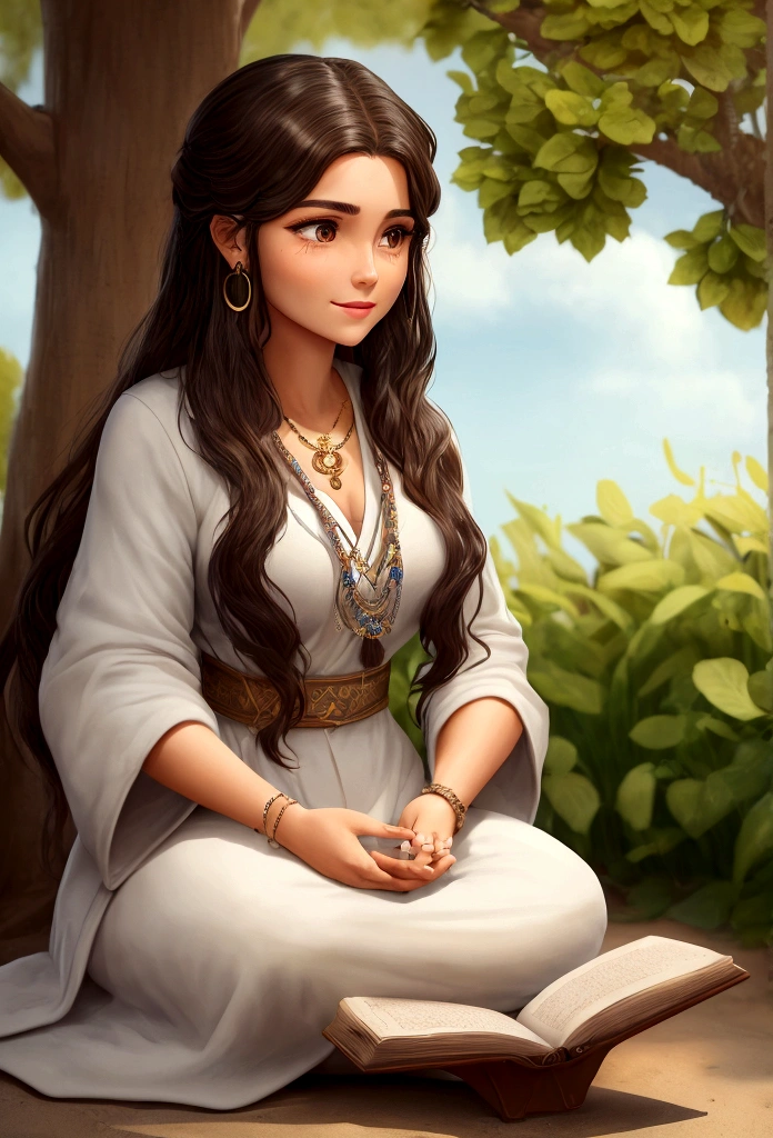 a young psychology student, de 1,63cm tall, with a more mature face of a 30 year old woman, medium body brunette with long dark brown hair, with dark brown eyes and an appearance that resembles a gypsy. She has a natural sensitivity and keen intuition, characteristics that help her deeply understand the emotions of those around her. Isabela is lively and dreamy, believing in the power of positivity and the transformative potential of psychology to promote personal growth and emotional healing. Your special connection with nature is evident in your daily routine, where he spends time meditating outdoors and practicing spiritual rituals. Determined to unite her interests in the human mind and the spiritual world, Isabela seeks to become a psychologist who doesn't just listen, but also guides his patients on journeys of self-discovery and emotional well-being. She loves studying and is modest