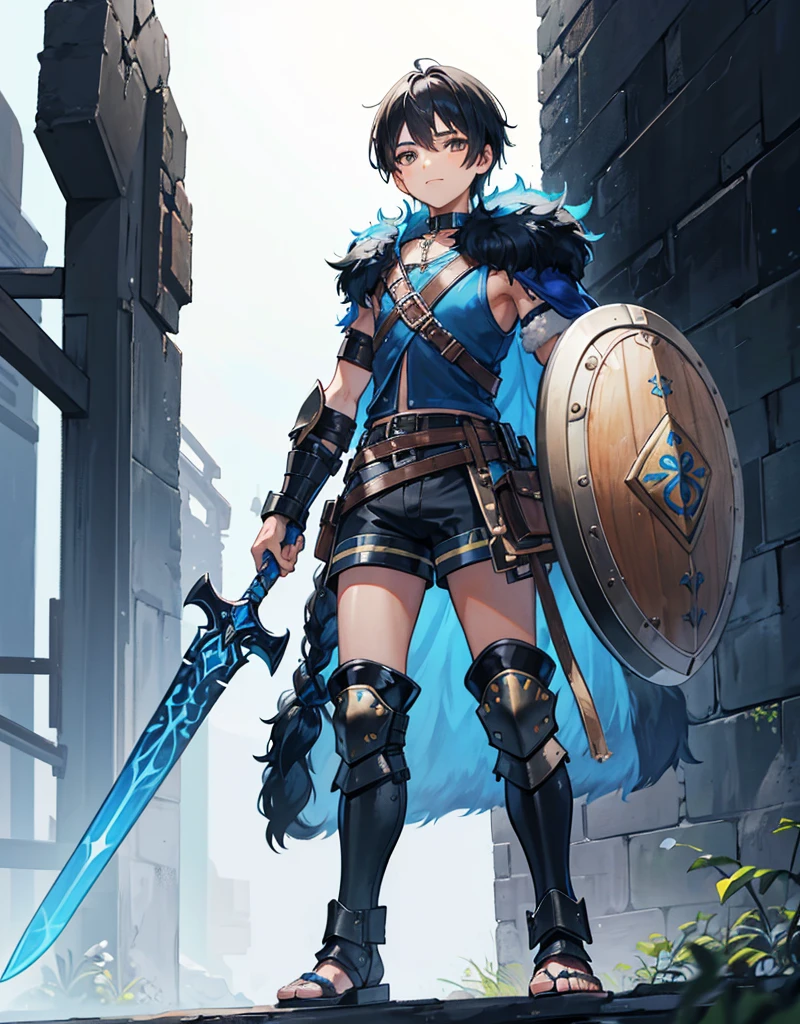 Young boy with black hair, brown eyes and olive skin, innocent and happy, wearing neon blue barbarian fur tunic, black shorts, gauntlets and sandals, weilding sword and shield, blue armor, fullbody, medieval background, boyish athletic