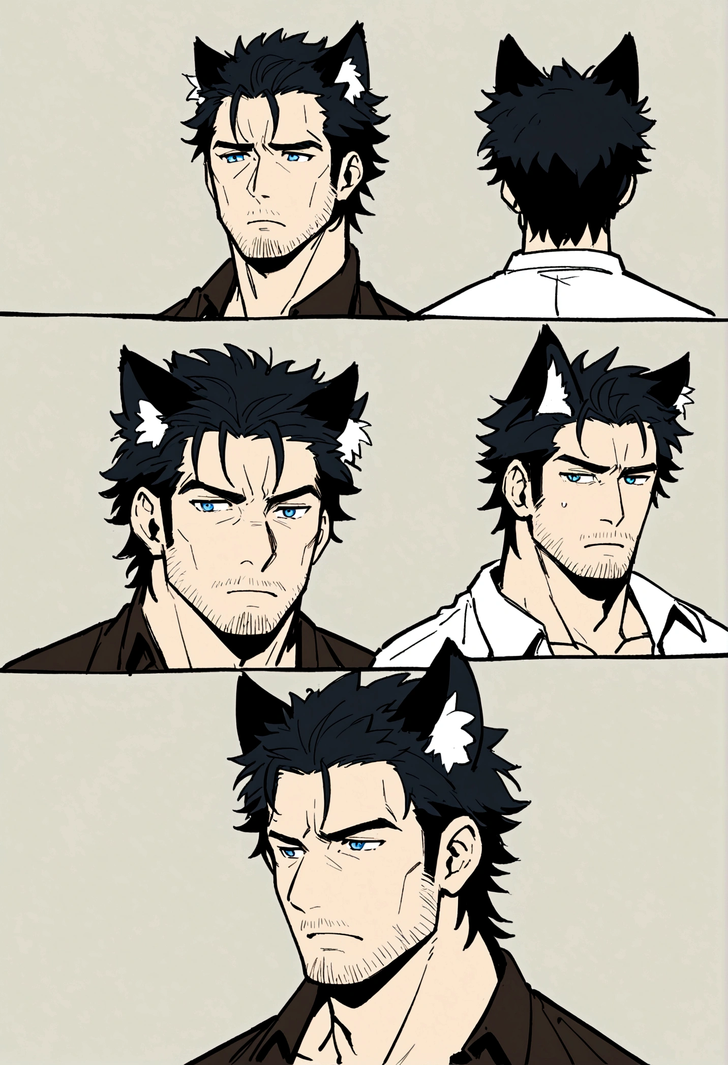 mature,chiseled chin,rugged face,half body,Anime character with black hair and shirt standing, Wolf ears，Wolf Tail，demihuman,demiwolf,kemonomimi,light stubble, Anime handsome man, Anime portrait of a handsome man,mature,blue eyes,tired,short hair,bara,bored expression,expressionless,