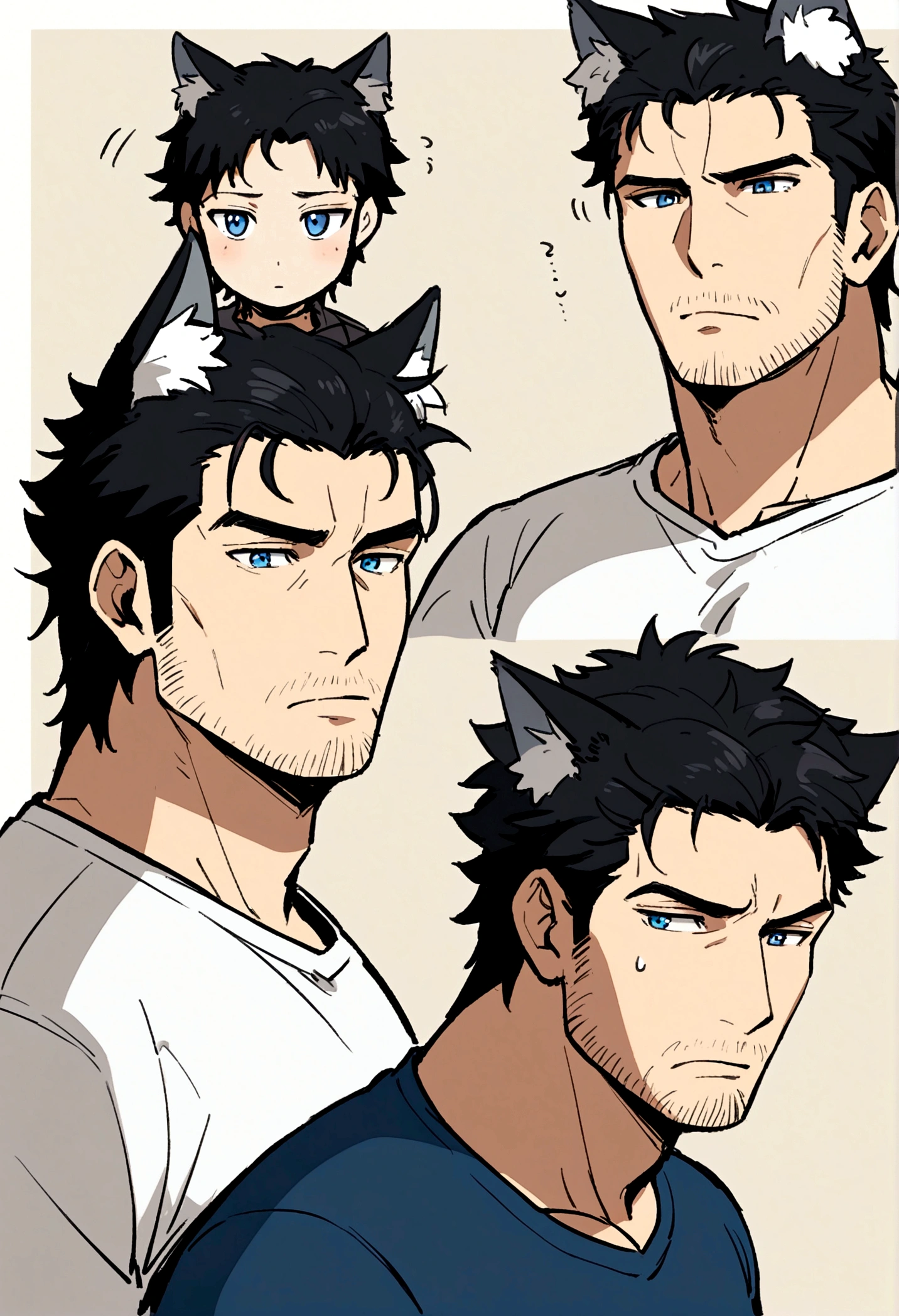 mature,chiseled chin,rugged face,half body,Anime character with black hair and shirt standing, Wolf ears,Wolf Tail,demihuman,demiwolf,kemonomimi,light stubble, Anime handsome man, Anime portrait of a handsome man,mature,blue eyes,tired,short hair,bara,bored expression,expressionless,