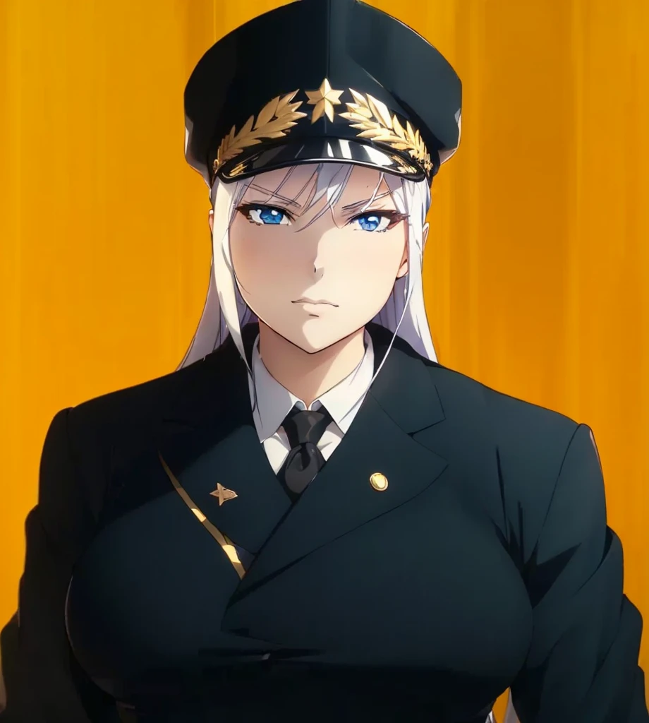 (1girl:1.3), (exceptional, best aesthetic, new, newest, best quality, anime, waifu:1.2), keep the hat like the original, master piece, best quality, ultra detailed, absurdres, highres, colored, good anatomy, long silver hair, serious face, woman breast, sexy, military uniform, white inside shirt, peak cap, black tie,