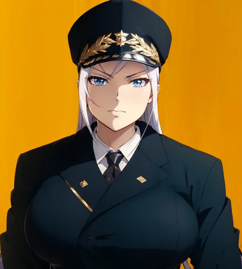 (1girl:1.3), (exceptional, best aesthetic, new, newest, best quality, anime, waifu:1.2), keep the hat like the original, master piece, best quality, ultra detailed, absurdres, highres, colored, good anatomy, long silver hair, serious face, woman breast, sexy, military uniform, white inside shirt, peak cap, black tie,