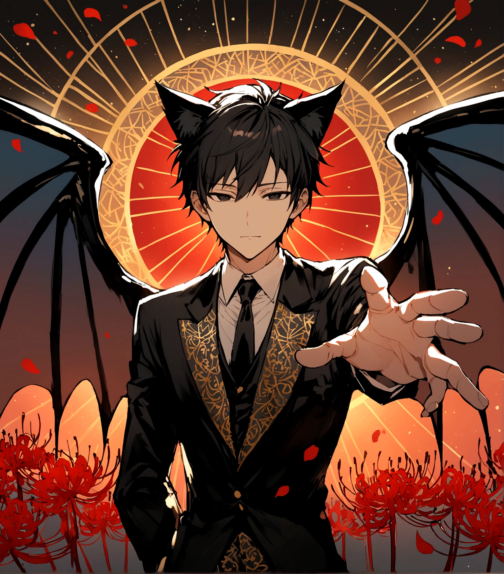 male,Black Hair, Detailed and precise manual work,Black cat ears,Beautiful black eyes, Narrow eyes,Big devil wings,Reaching out,Five Fingers,Great light,A striking subject among the red spider lilies, Petals flutter,A delicate black suit with gold patterns,Hand-drawn illustration,Broad background,