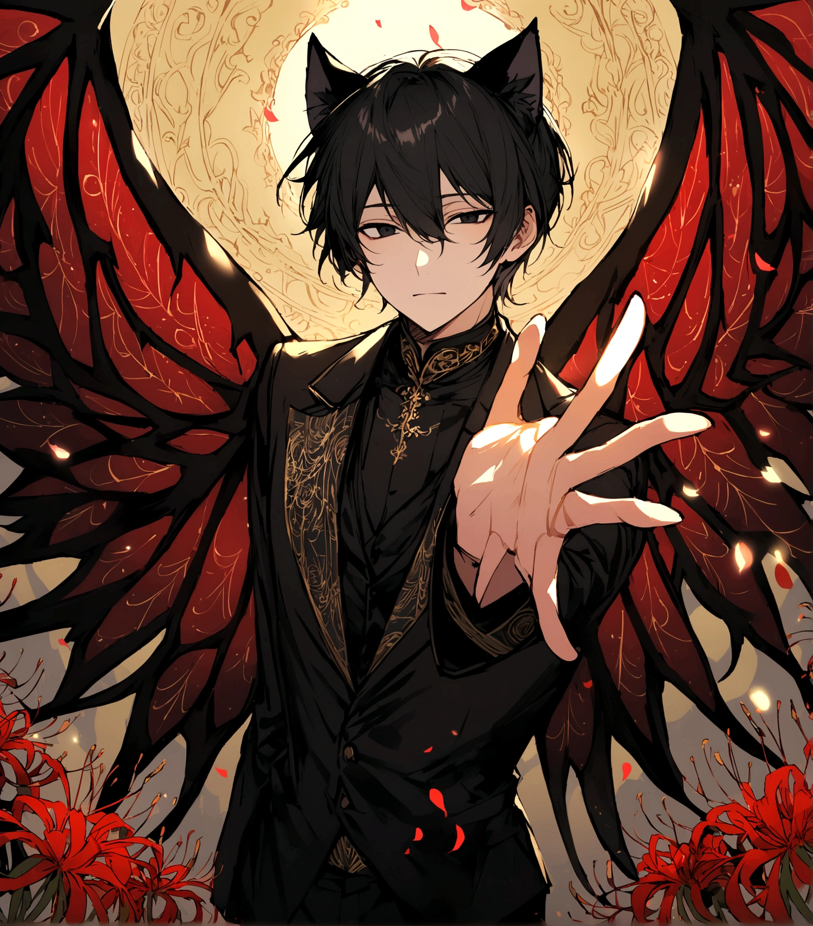 male,Black Hair, Detailed and precise manual work,Black cat ears,Beautiful black eyes, Narrow eyes,Big devil wings,Reaching out,Five Fingers,Great light,A striking subject among the red spider lilies, Petals flutter,A delicate black suit with gold patterns,Hand-drawn illustration,Broad background,