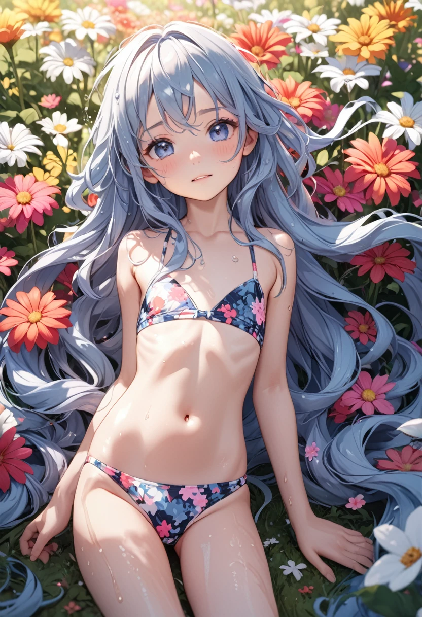 NSFW , ultra detailed, hyper detailed, best quality, highres, 4K, field of flowers, , looking at viewer, puzzled, happy,Young Girl , shy, very long hair, wave hair, gradient hair, tall, slender,flat chest, swimwear,wet, dappled sunlight,