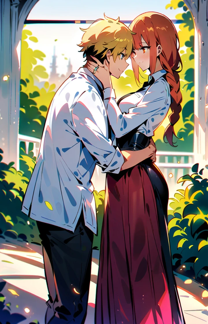 Makiden The couple in the photo are deeply in love and lost in the moment. Denji, The man is tall and handsome, wistoh chiselled features , blonde hair and eye color is orange. His love for the woman is evident in the way he looks at her with adoration. He wears slim-fitting black pants, a black tie, and a simple white shirt (with the sleeves rolled up). Makima, The woman has similarly wonderful, soft features, and although she smiles a calm, soft, gentle smile, there is a hidden agenda behind it. She has a long, red braided ponytail and her ring-shaped eyes put a lot of pressure on her opponents just by staring into them. Her figure is slim and stylish, with good proportions. She is wearing slim-fitting black pants, a black tie, and a simple white shirt, which enhances her dignified presence and mysterious aura. She has a good figure, so her waist is clearly defined and she exudes a sexy aura. Super high quality, HDRI, Beautiful and fantastically designed, Beautiful and fantastic scenery, In detail, Cinematic parallax, The love between them is the centerpiece of the image, And everything else in the scene serves to highlight the beauty and magic of their love story. They are alone. (Duas pessoas).
