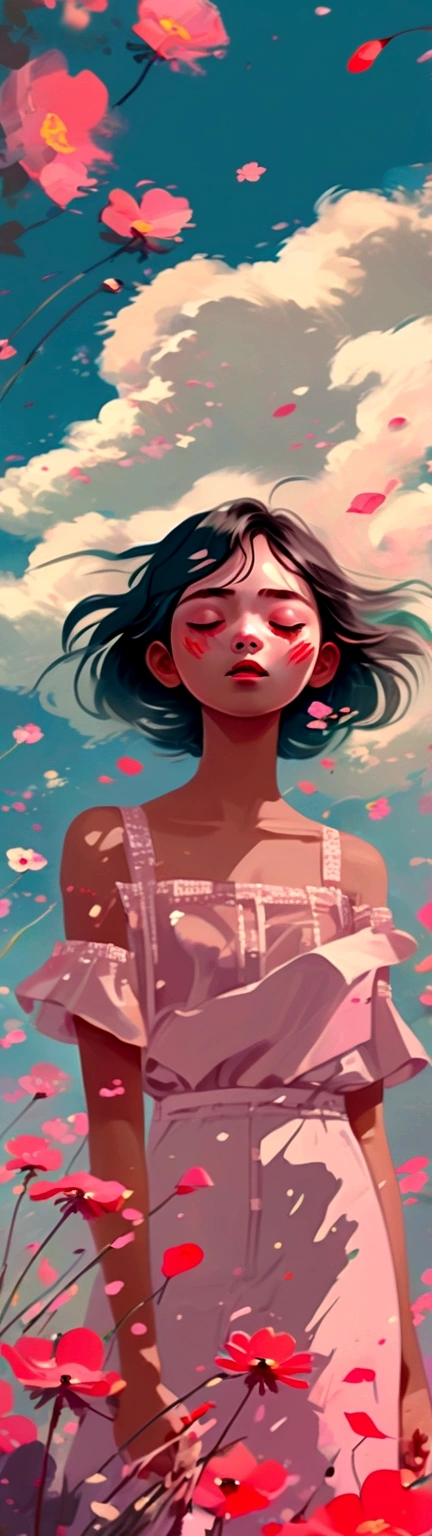 a woman standing in a field of flowers with a sky background, a digital painting inspired by Yanjun Cheng, pixiv contest winner, digital art, a beautiful artwork illustration, artwork in the style of guweiz, trending on artstration, lofi girl, digital anime illustration, beautiful digital illustration, lofi art, dreamy illustration, painterly illustration
