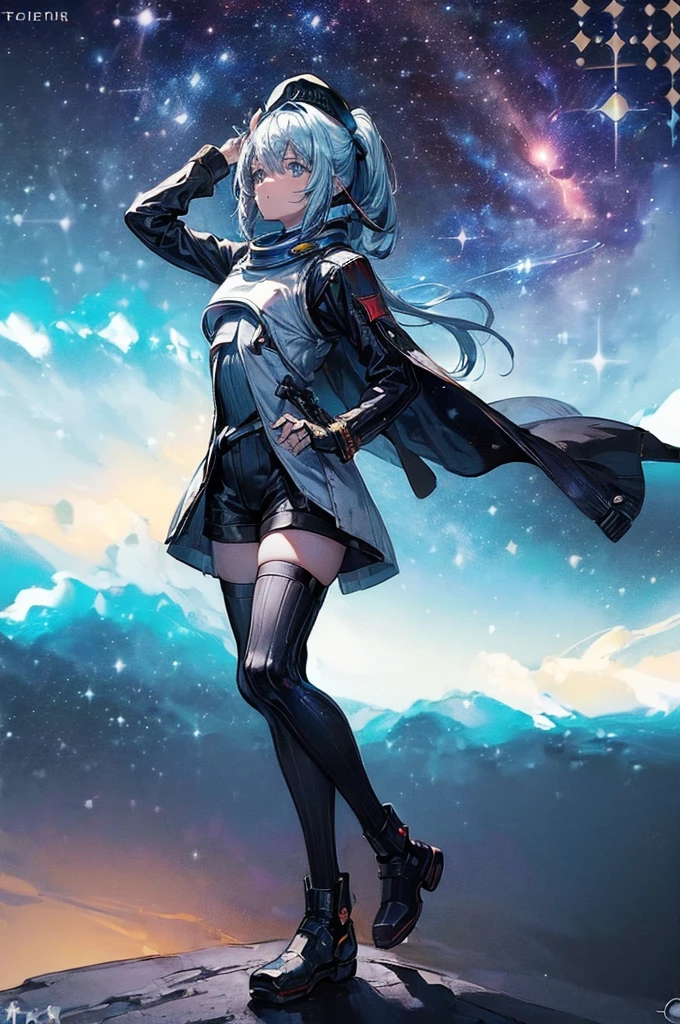 (((((((science fiction space fantasy)))))))A woman, an adult, (A female commander), ((a leader of a fleet of intergalactic armies)), White high ponytail with a glowing light blue highlights at the ends, Wielding a sword with deep blue aura, the mystical blade in her hand emitting a bright contrast blue light with a ray of energy, a futuristic intergalactic military uniform, Wearing Black shorts exposing the thighs, with a captain hat hat, a long simple dark boots. A masterpiece illustration, a light novel cover, best quality, best detail(Light novel illustrations), Arknights style, masterpiece, high quality, detailed.