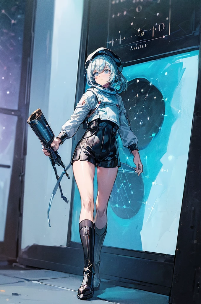 (((((((science fiction space fantasy)))))))A woman, an adult, (A female commander), ((a leader of a fleet of intergalactic armies)), White high ponytail with a glowing light blue highlights at the ends, Wielding a sword with deep blue aura, the mystical blade in her hand emitting a bright contrast blue light with a ray of energy, a futuristic intergalactic military uniform, Wearing Black shorts exposing the thighs, with a captain hat hat, a long simple dark boots. A masterpiece illustration, a light novel cover, best quality, best detail(Light novel illustrations), Arknights style, masterpiece, high quality, detailed.