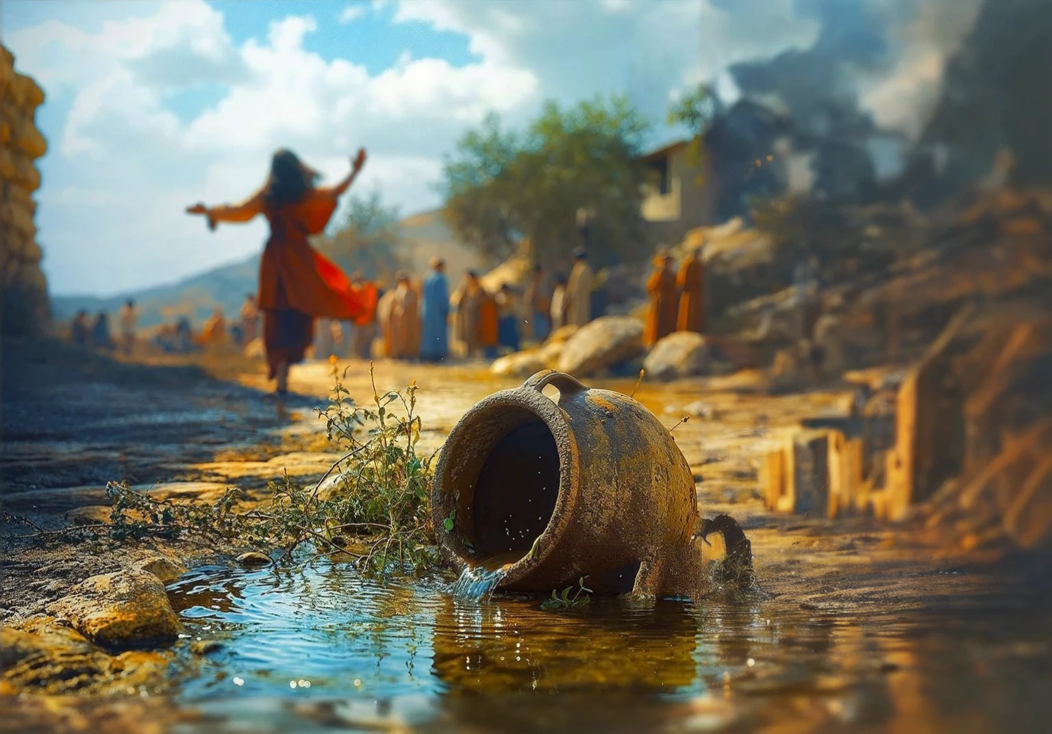 Run-down city, Battlefield, ruins, Gunsmoke fills, Broken giant robot, Orange sky, Dust, radiance, starry, from below, wide shot, cinematic lighting, blurry, Ultra-Wide Angle, best quality, 8k