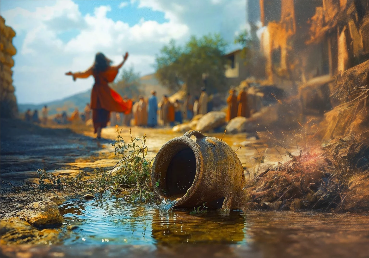 Run-down city, Battlefield, ruins, Gunsmoke fills, Broken giant robot, Orange sky, Dust, radiance, starry, from below, wide shot, cinematic lighting, blurry, Ultra-Wide Angle, best quality, 8k