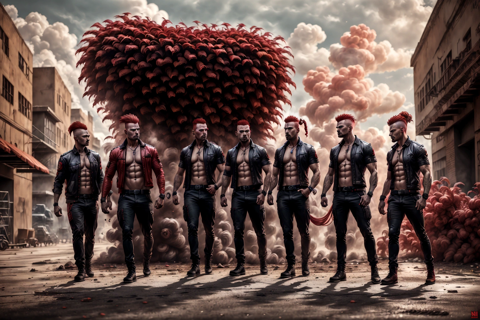 several men standing in a parking lot with one man with a red mohawk, aggressive look, eloy band, slaughterhouse, band promo, portrait image, profile image, pro - vida, band promo photo, menacing look, photo shoot, são paulo, promotional shot, proto - metal band promo, puerto rico, by Nándor Katona