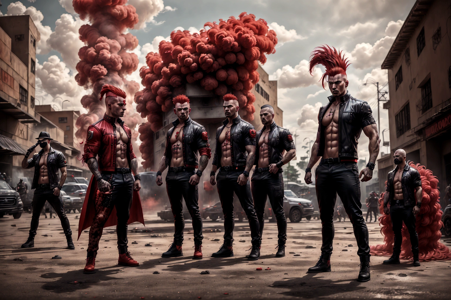 several men standing in a parking lot with one man with a red mohawk, aggressive look, eloy band, slaughterhouse, band promo, portrait image, profile image, pro - vida, band promo photo, menacing look, photo shoot, são paulo, promotional shot, proto - metal band promo, puerto rico, by Nándor Katona