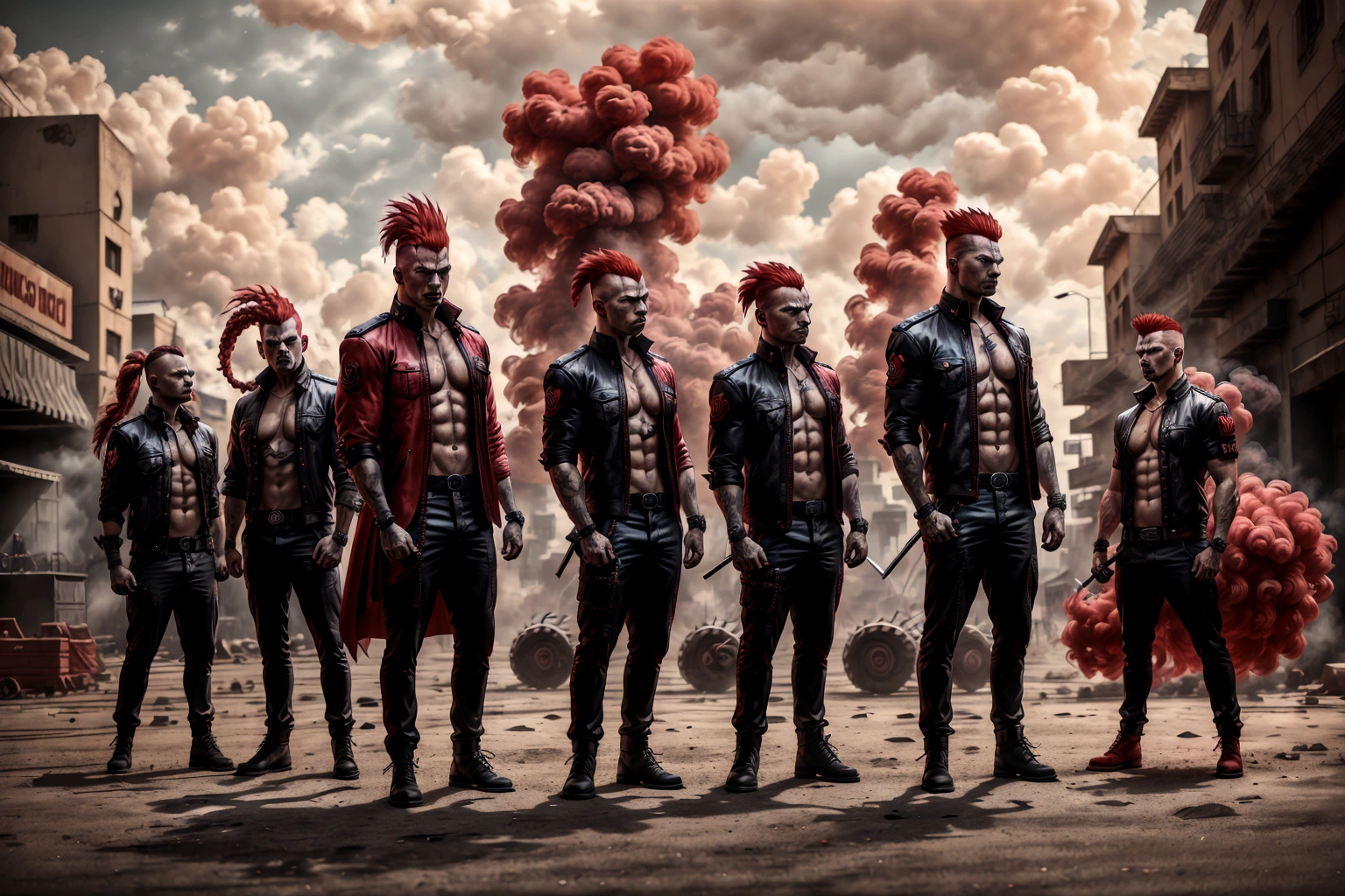 several men standing in a parking lot with one man with a red mohawk, aggressive look, eloy band, slaughterhouse, band promo, portrait image, profile image, pro - vida, band promo photo, menacing look, photo shoot, são paulo, promotional shot, proto - metal band promo, puerto rico, by Nándor Katona