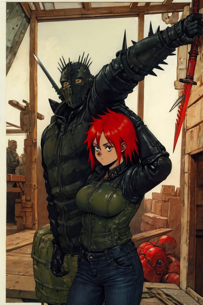 Dorohedoro Style, sexy young girl in a knight's helmet with short red hair sticking out from under it, a heavy leather jacket with spikes, jeans, a girl holding a sword