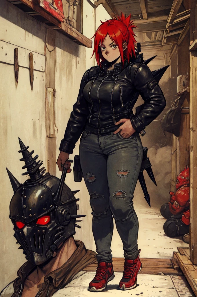 Dorohedoro Style, sexy young girl with short red hair, black stockings, choker, nude tits, no clothes