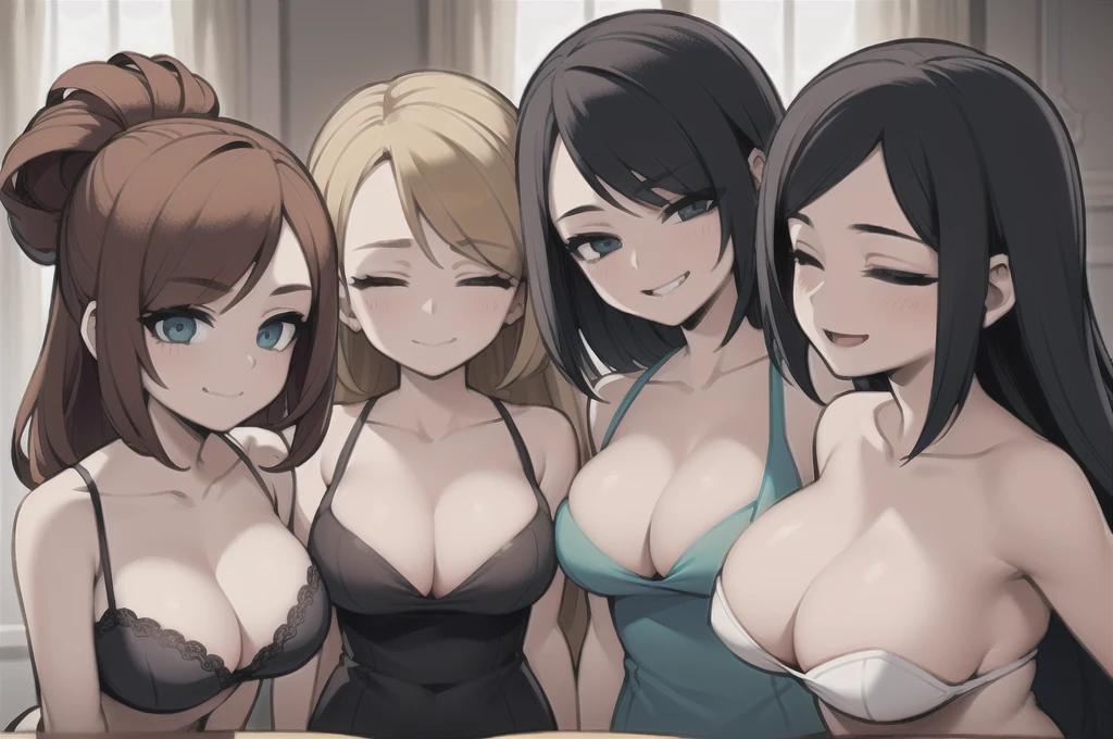 four sexy women who are wives of  boy, looking at camera, seductive smiles, portrait, various hair, closed eyes