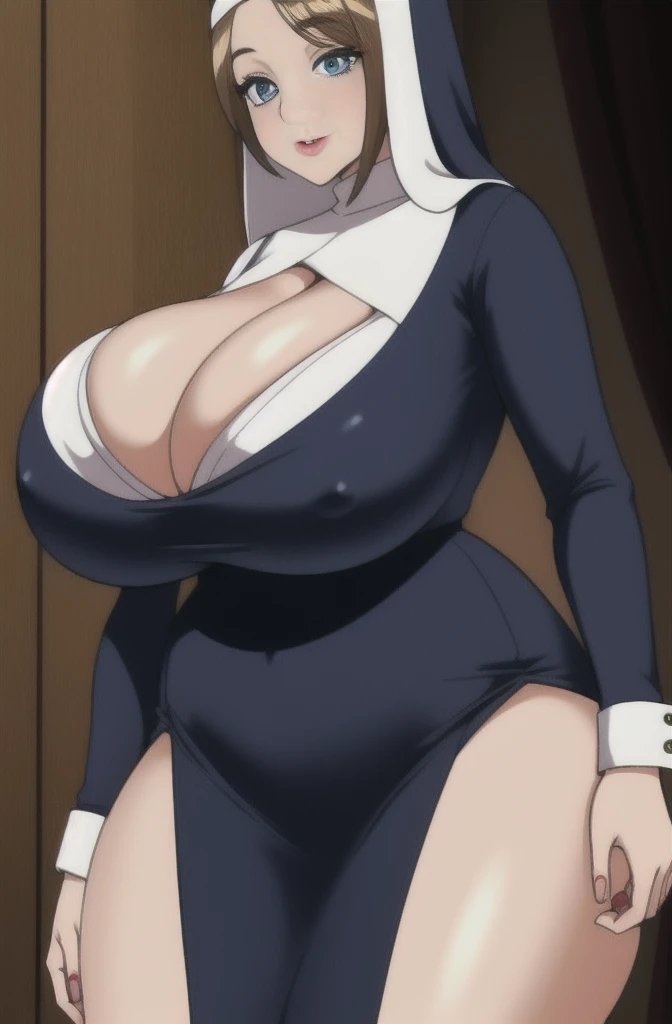 Woman in dress ultra detailed, huge and attractive goddess nun with short and provocative neckline showing the (breasts), (sexy), (ultra detailed), (((huge breasts)))), large breasts swatch goddess nun close up view huge erect nipples