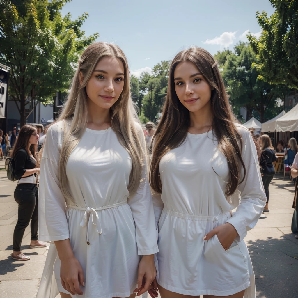 A beautiful young woman with long brown hair, ((a beautiful young woman with long white hair)), woman with dyed white hair, two beautiful women smiling and looking at the camera, detailed facial features, beautiful eyes, lips and nose, casual clothing, music festival background, full body, (best quality,4k,8k,highres,masterpiece:1.2),ultra-detailed,(realistic,photorealistic,photo-realistic:1.37),vivid colors,professional,studio lighting,physically-based rendering