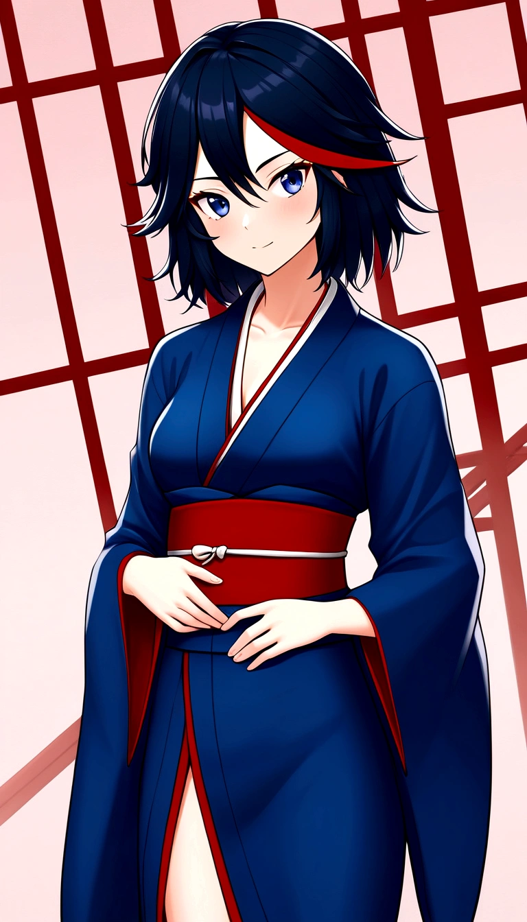 beautiful, Masterpiece, Best Quality, extremely detailed face, perfect lighting, 1 girl, Alone, matoi ryuuko, japanese clothes, kimono, short kimono, cowboy shot