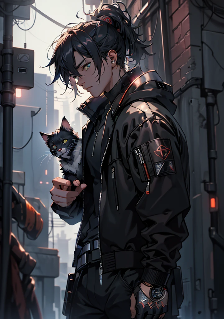 ultra detail, high resolution, ultra detailed, best quality, amazing, top quality, extremely detailed CG unity 8k wallpaper, cinematic lighting, cat fanboy, cyberpunk, dark boy