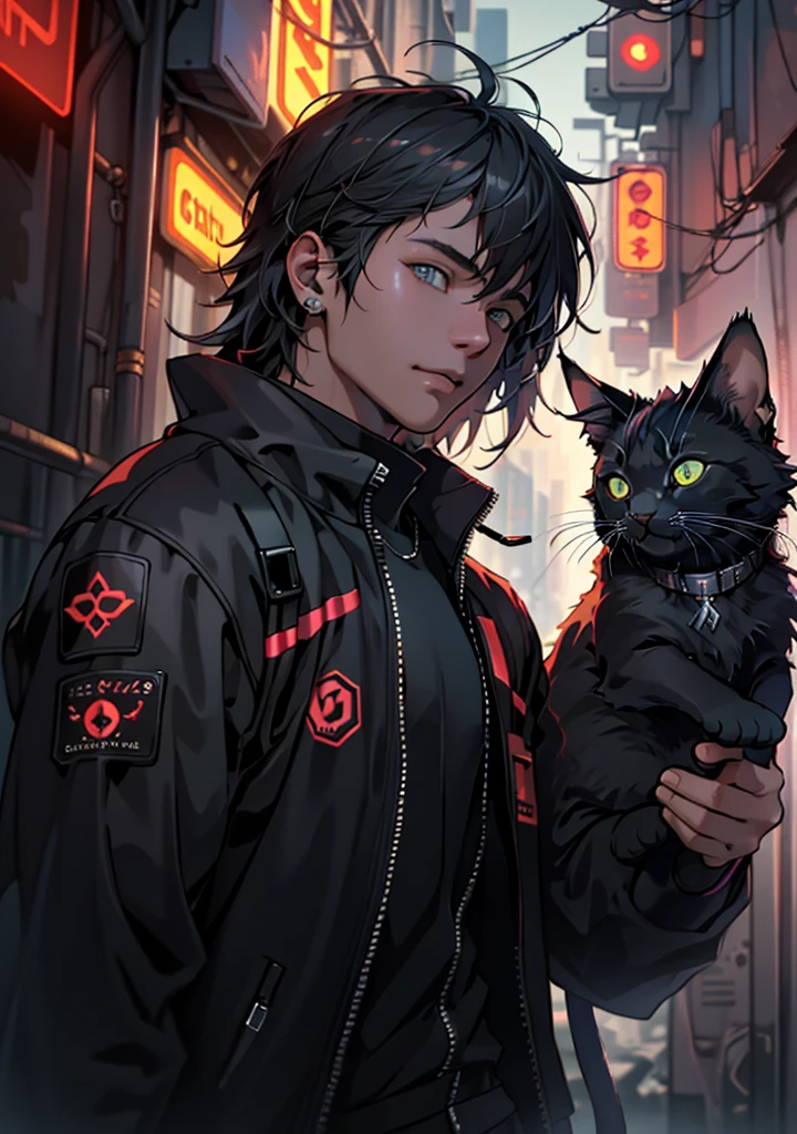 ultra detail, high resolution, ultra detailed, best quality, amazing, top quality, extremely detailed CG unity 8k wallpaper, cinematic lighting, cat fanboy, cyberpunk, dark boy