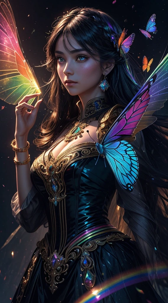 (((masterpiece))), (((ornate))), (((best quality))), ((ultra-detailed)), (highly detailed CG illustration), ((an extremely delicate and beautiful)), cinematic light. Create a stunning fantasy artwork that mimics the style of currently trending masters of the genre. The art piece should contain rich and ornate elements of both mythic fantasy and fairytale fantasy with colorful rainbow accents and dark jewel-toned hues. ((Utilize the rainbow as the main color scheme.)) The character in the artwork is a delicate but strong figure with an aura of mystery and magic. Pay close attention to intricate facial features, such as mesmerizing eyes with vibrant colors and bold shading. The character's clothing should be designed with gossamer feathers, silk, stunning embroidery, and subtle iridescent details. Incorporate (((translucent iridescent rainbows))), dreamy colors, dynamic lighting, and detailed background elements to create a sense of awe and immersion. ((Include colorful flying magical birds and jewel-toned rainbow butterflies radiating a magical aura.)) Consider the latest trends in fantasy art, such as incorporating unique lighting effects, exploring dynamic and compelling composition techniques, and experimenting with unique color palettes. Take inspiration from the top artists on ArtStation and Midjourney. Camera: Choose an angle that highlights the character's beauty and enhances the magical majesty of the artwork. Lighting: Utilize atmospheric lighting techniques to create depth and mood. Resolution: Aim for a high-resolution artwork to showcase intricate details and clarity. Art Inspirations: Seek inspiration from the trending artists on ArtStation, exploring different styles, genres, and themes.