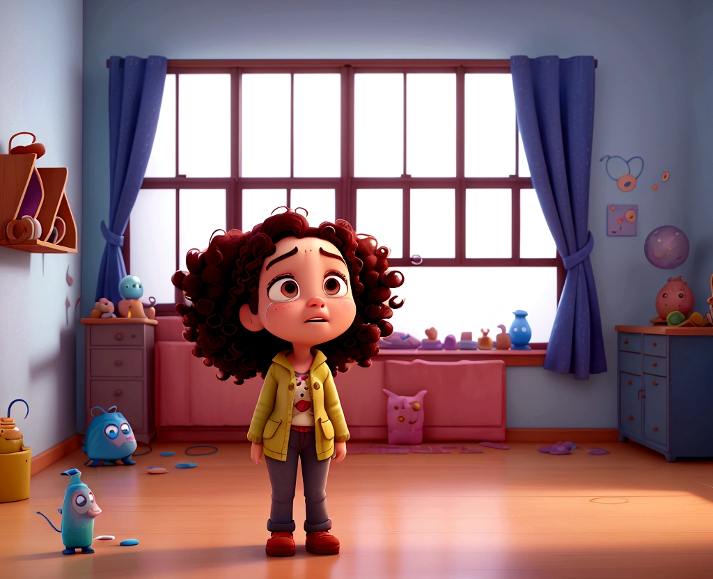 Cartoon of a sad girl with curly hair crying at the window, 3D animation film, animated film, pixar 3d animation style, pixar renderman rendering, maia 8 mil, animated film, Disney Pixar 3D Style, she is in the room alone in a room messy looking out the window, Disney Pixar animation
