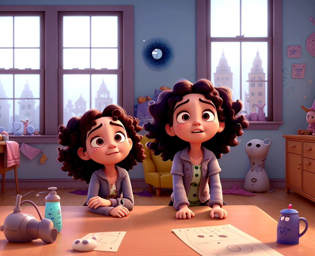 Cartoon of a sad girl with curly hair crying at the window, 3D animation film, animated film, pixar 3d animation style, pixar renderman rendering, maia 8 mil, animated film, Disney Pixar 3D Style, she is in the room alone in a room messy looking out the window, Disney Pixar animation
