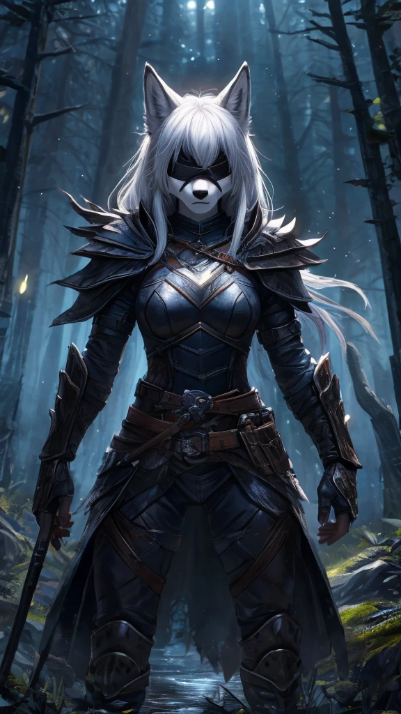 a single furry girl with black armor standing in middle of the night with a black broadsword, humanoid, anthro girl, furry girl, wolf ears, white hair, white skin, no eyes, black blindfold, night in the forest, angry face, black armor, beautiful background, 4k, insanely detailed, beautifully lit, masterpiece, best quality, ultra-detailed