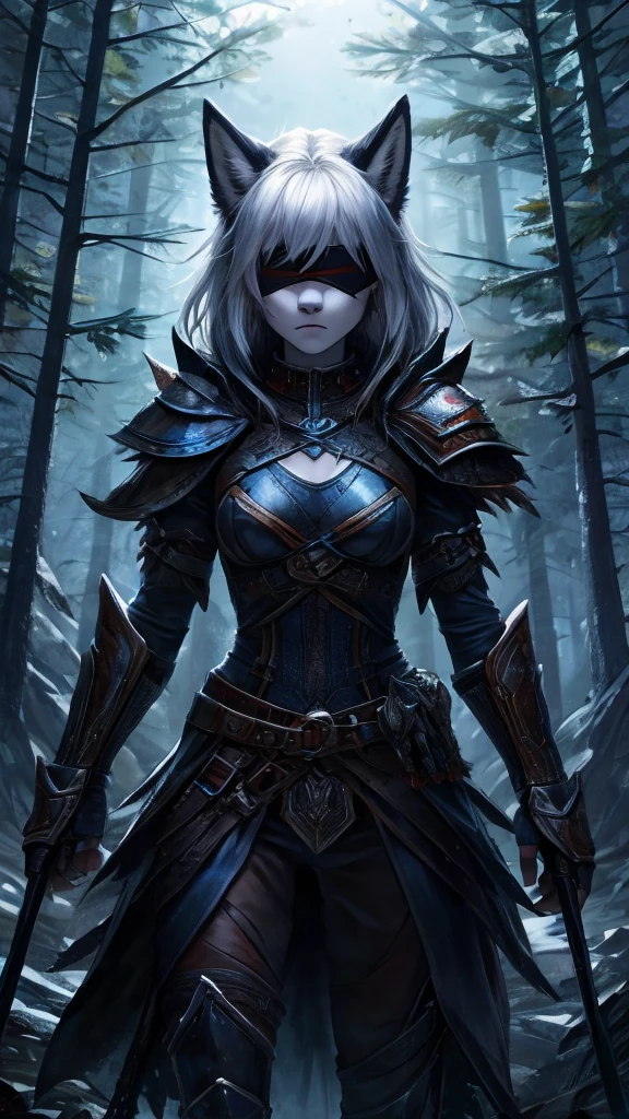 a single furry girl with black armor standing in middle of the night with a black broadsword, humanoid, anthro girl, furry girl, wolf ears, white hair, white skin, no eyes, black blindfold, night in the forest, angry face, black armor, beautiful background, 4k, insanely detailed, beautifully lit, masterpiece, best quality, ultra-detailed