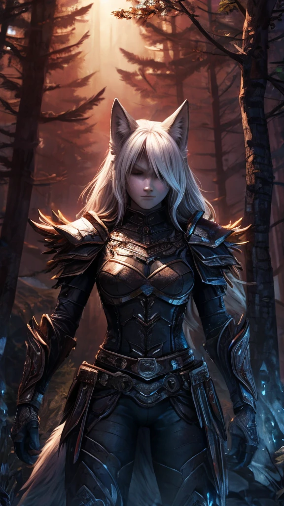 a single furry girl with black armor standing in middle of the night with a black broadsword, humanoid, anthro girl, furry girl, wolf ears, white hair, white skin, no eyes, black blindfold, night in the forest, angry face, black armor, beautiful background, 4k, insanely detailed, beautifully lit, masterpiece, best quality, ultra-detailed