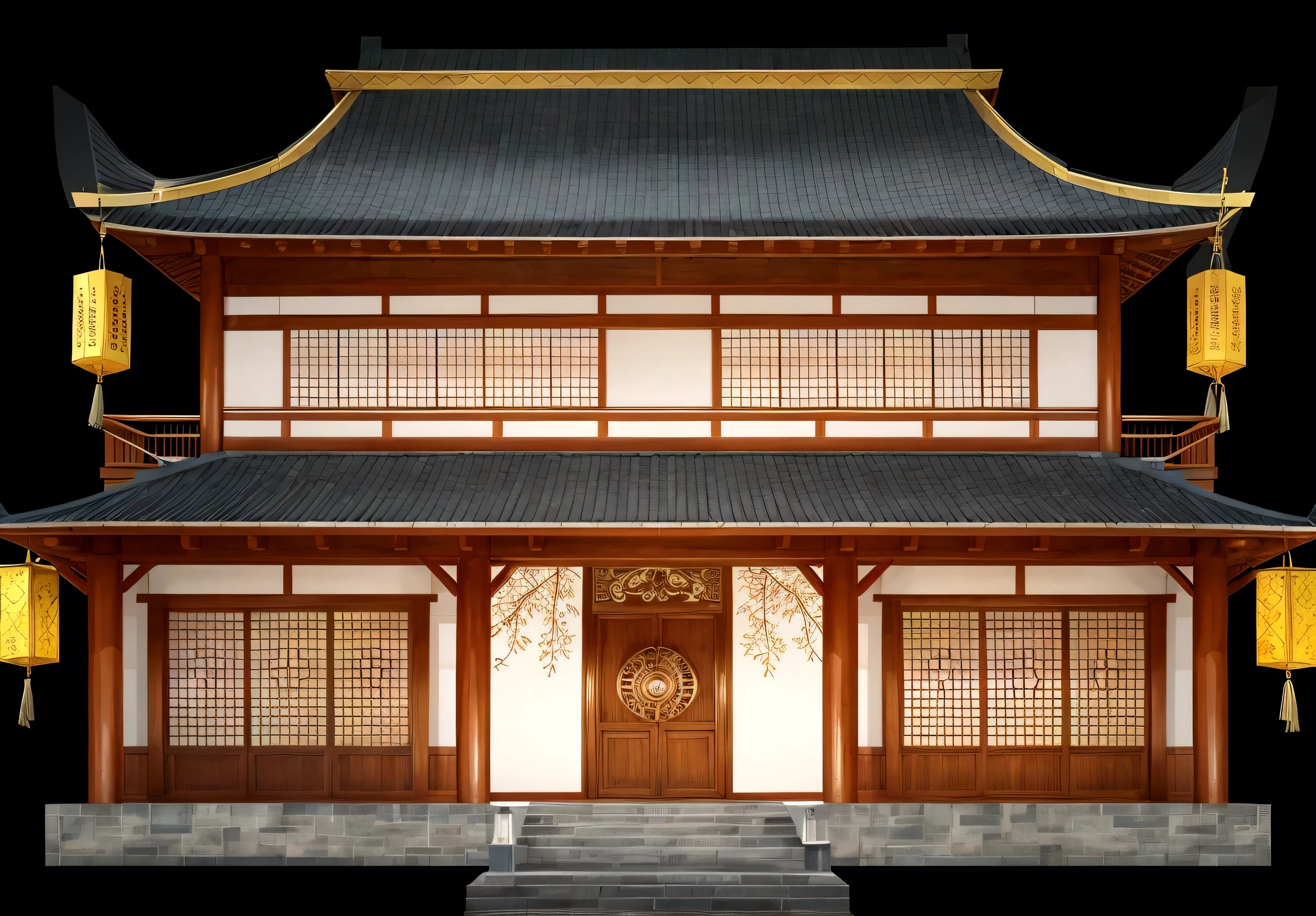 illustration of a traditional chinese building with lanterns and a bird, temple background, zen temple background, background depicting a temple, digital painting of a pagoda, japanese temple, japanese house, korean traditional palace, background art, palace background, chinese building, artwork in the style of z.w. gu, cyberpunk japanese temple, inspired by Shūbun Tenshō