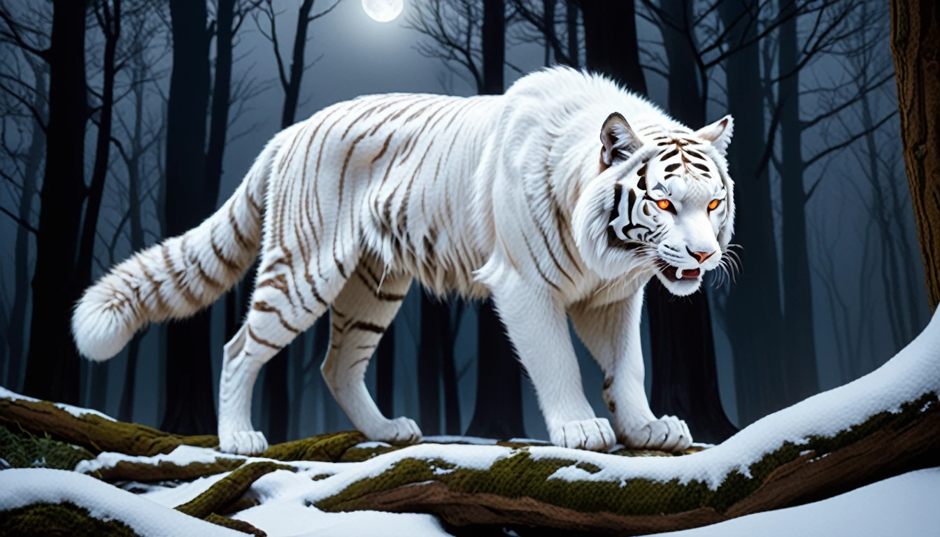 A giant tiger emerges from deep within an ancient forest, Nine tails that spread out gracefully like fans. Sharp golden eyes shining in the moonlight, His pure white fur gives off an otherworldly aura.. This mystical creature exudes an aura of deep wisdom and enchantment., Its presence inspires respect and awe..
Further details:
A tiger's tail is long and flowing, Each is soft, Fluffy Brush.
His fur is as clean as fresh snow., No defects or blemishes.
Eyes are large、It is almond-shaped, Reflects deep intelligence and ancient knowledge.
The moon illuminates the scene with a fantastic glow, Illuminating the fox with a radiance from another dimension.
The forest exudes a mysterious atmosphere., Towering Tree々The tangled undergrowth、It suggests hidden depths and secrets..