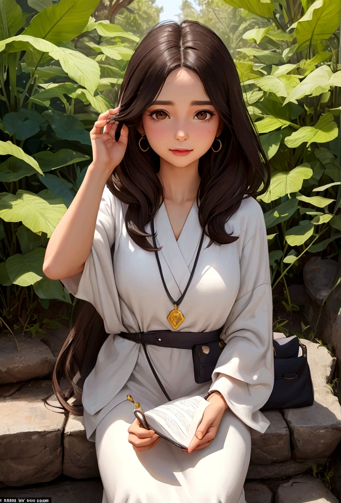 a young psychology student, de 1,63cm tall, with a more mature face of a 30 year old woman, medium body brunette with long dark brown hair, with dark brown eyes and an appearance that resembles a gypsy with a squarer face, protruding nose. She has a natural sensitivity and keen intuition, characteristics that help her deeply understand the emotions of those around her. Isabela is lively and dreamy, believing in the power of positivity and the transformative potential of psychology to promote personal growth and emotional healing. Your special connection with nature is evident in your daily routine, where he spends time meditating outdoors and practicing spiritual rituals. Determined to unite her interests in the human mind and the spiritual world, Isabela seeks to become a psychologist who doesn&#39;t just listen, but also guides his patients on journeys of self-discovery and emotional well-being. She loves studying and is modest