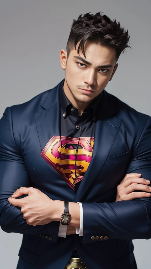 (Tafah, Best quality:1.2) Single, Male focus, 1 boy, try, Muscular male, Wide chests, Without expression, Closed mouth, Looking at the viewer, Arms crossed, Superhero, Blue suit, Fingerless gloves, fire, Blue blouse 