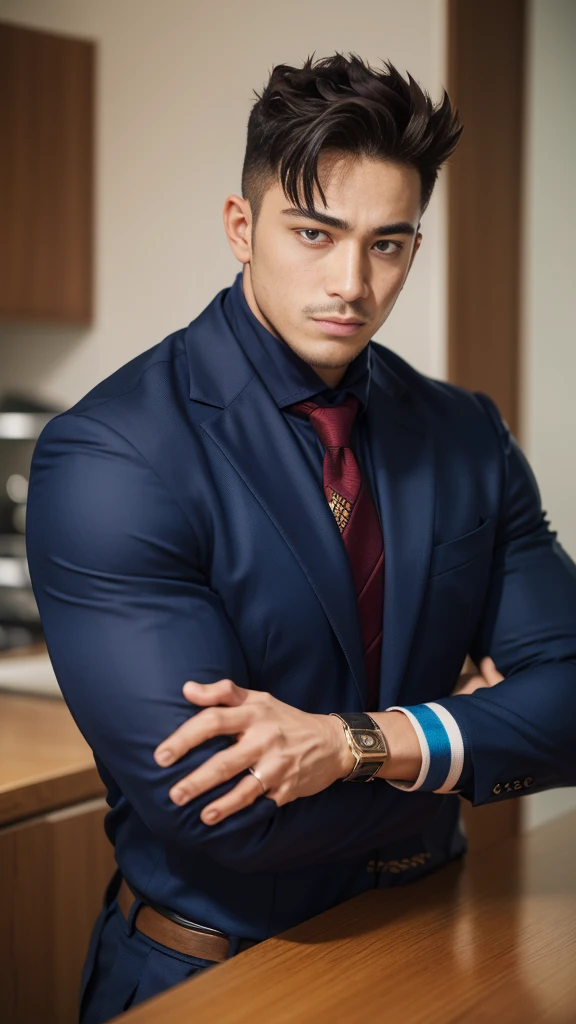 (Tafah, Best quality:1.2) Single, Male focus, 1 boy, try, Muscular male, Wide chests, Without expression, Closed mouth, Looking at the viewer, Arms crossed, Superhero, Blue suit, Fingerless gloves, fire, Blue blouse 