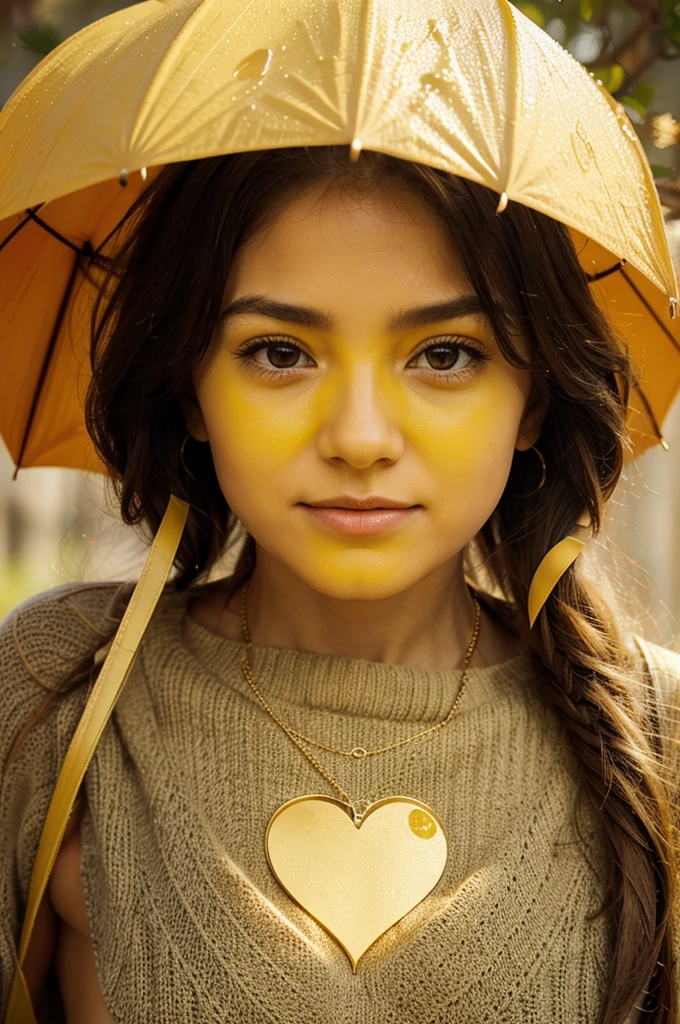 I would like a book cover with a yellow gradient background, starting from bright yellow at the top to muted yellow at the bottom. In the center, slightly off to the side, a person holds a golden-yellow umbrella. Around the figure, small, broken heart raindrops fall. At the bottom of the cover, broken hearts transform into whole, golden hearts as they rise upwards. The title, 'Rays of Resilience,' should be at the top in a bold, elegant font with a subtle glow, and my name at the bottom in a complementary font. Add subtle illustrations of flowers and birds transitioning from wilted and low to blooming and rising. The overall theme should convey a journey from sadness and failure to rising again and finding strength