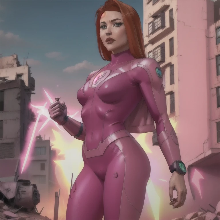 Atom Eve from Invincible wearing (vaultsuit with pipboy3000 on wrist) standing in a ruined city, pink and light pink vaultsuit ,professional photography,  well drawn, masterpiece, hyper realistic, ultra detailed, high quality, best quality, 4k, 8k, raw 