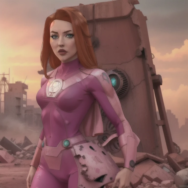 Atom Eve from Invincible wearing (vaultsuit with pipboy3000 on wrist) standing in a ruined city, pink and light pink vaultsuit ,professional photography,  well drawn, masterpiece, hyper realistic, ultra detailed, high quality, best quality, 4k, 8k, raw 