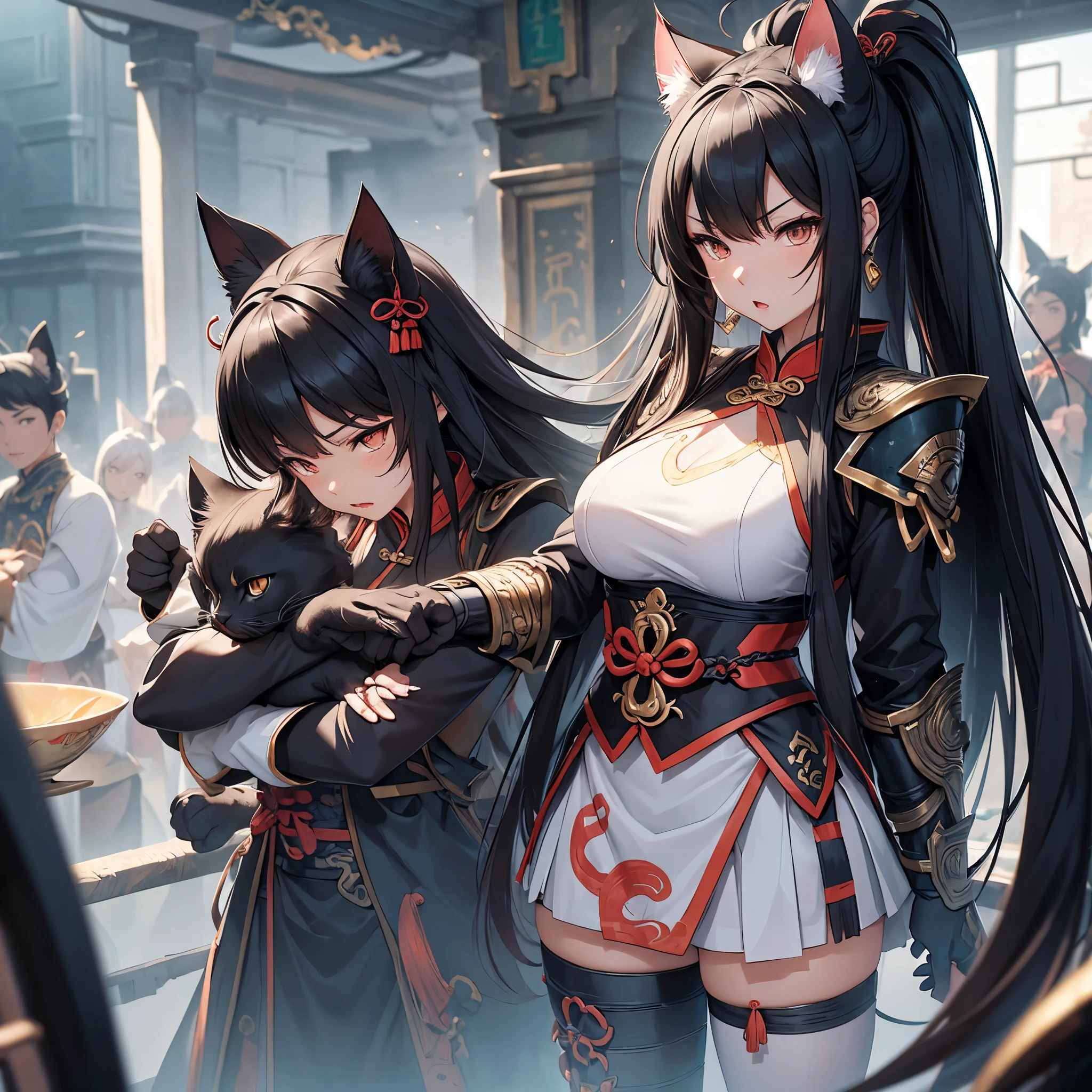 Full body shot of two adult females locked in an intense battle, wielding swords with deadly intent. Their long loose hairstyles whip around them as they clash in traditional sleeveless kimonos, cinched at the back hip by striking obis. The fighters are adorned with black long gloves at their two hands, pleated skirts, and black thigh highs at their two legs. The battle takes place in a dense and lush forest.